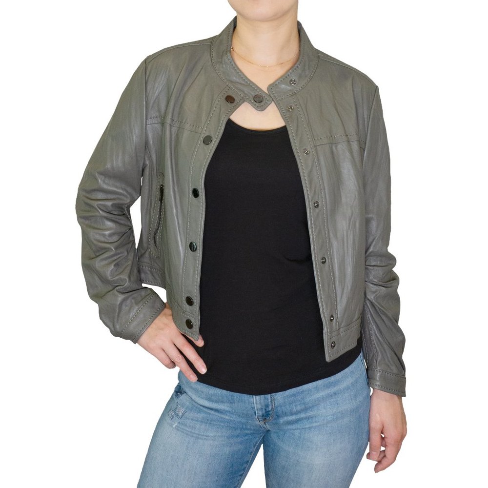 BCBG Maxazria 100% Leather Slim Fit Grey Jacket Size L